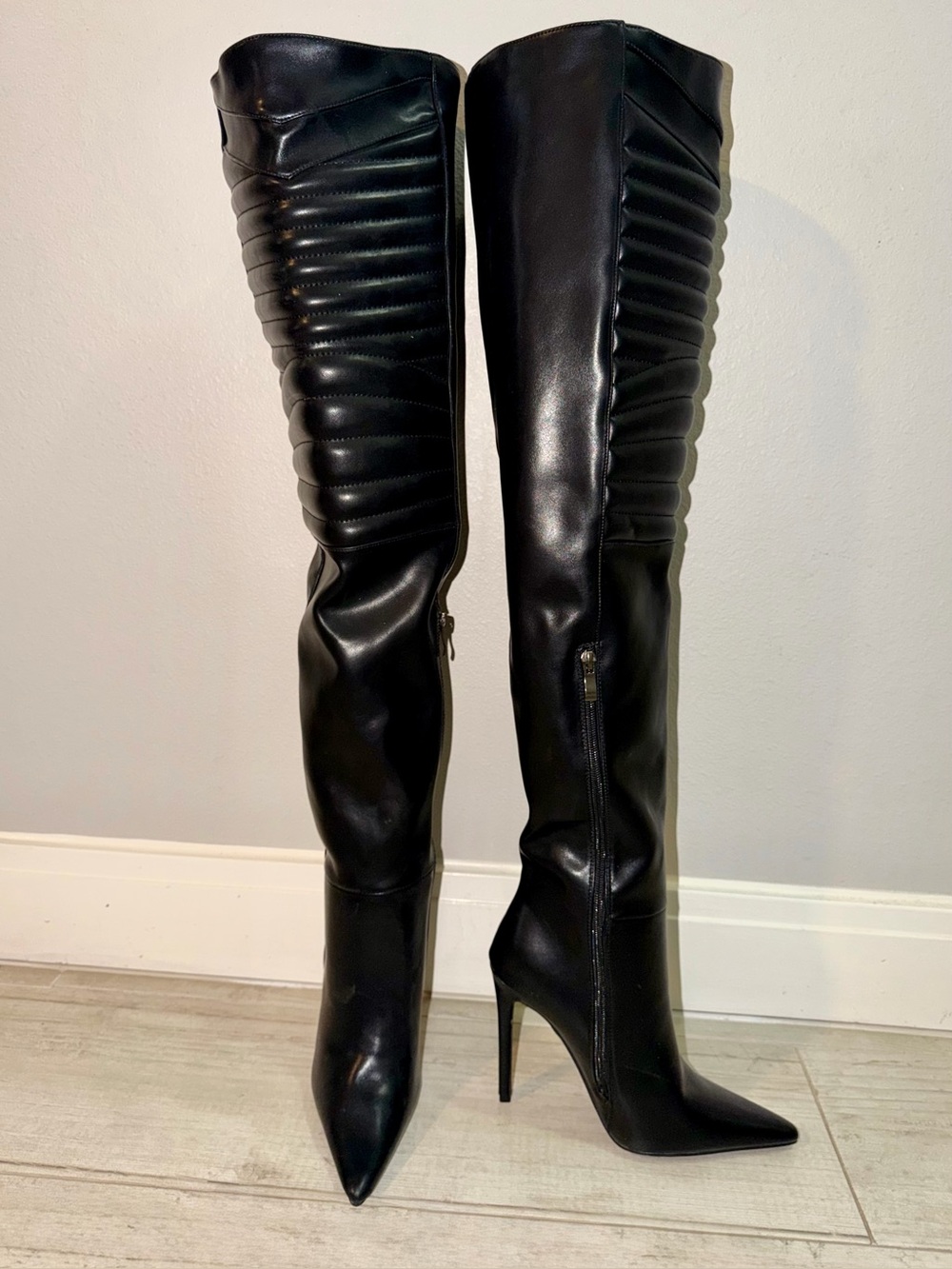 Black Over-the-Knee Stiletto Boots - Sleek Quilted Shaft / Wide Leg; Size 7